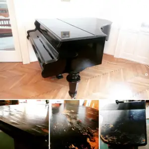felújított, restaurált fekete régi, antik zongora.