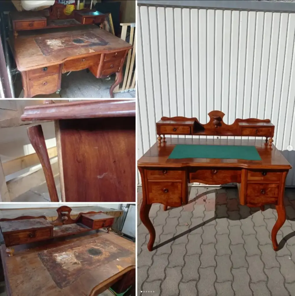Restaurált neobarokk stílusú, posztóval borított íróasztal előtte-utána fotón. A bal oldali kép az asztal eredeti, kopott állapotát mutatja, míg a jobb oldalon a felújított, hibátlan és elegáns állapot látható. Az íróasztal új életre kelt a bútorrestaurálás során.