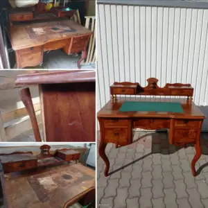 Restaurált neobarokk stílusú, posztóval borított íróasztal előtte-utána fotón. A bal oldali kép az asztal eredeti, kopott állapotát mutatja, míg a jobb oldalon a felújított, hibátlan és elegáns állapot látható. Az íróasztal új életre kelt a bútorrestaurálás során.